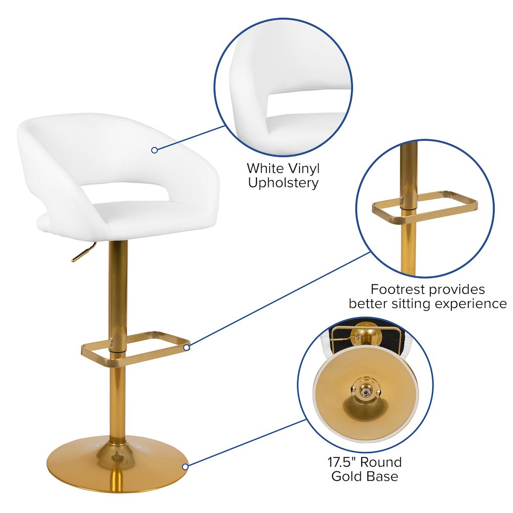 White Vinyl Adjustable Height Barstool with Rounded Mid-Back and Gold Base. Picture 4