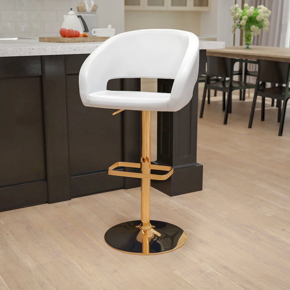 White Vinyl Adjustable Height Barstool with Rounded Mid-Back and Gold Base. Picture 2