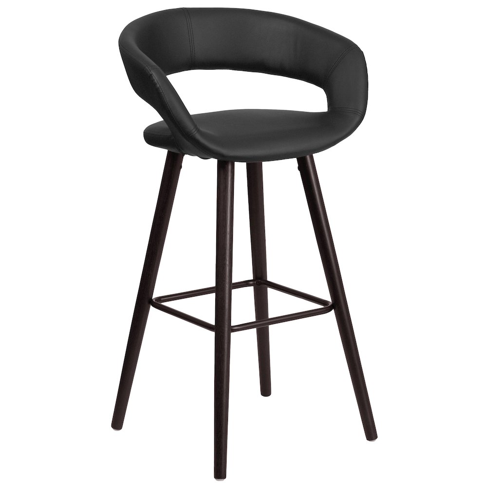 29'' High Contemporary Cappuccino Wood Barstool in Black Vinyl. Picture 1