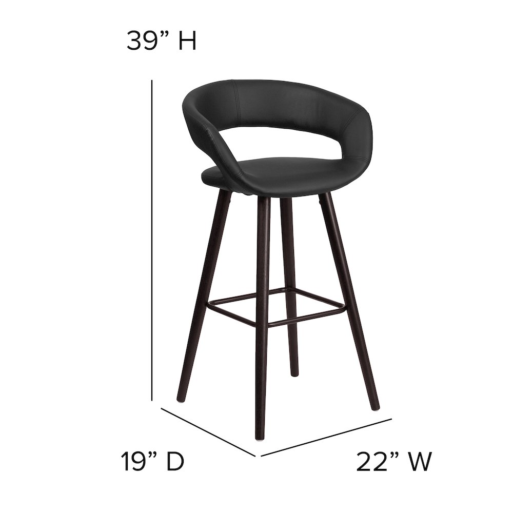29'' High Contemporary Cappuccino Wood Barstool in Black Vinyl. Picture 6