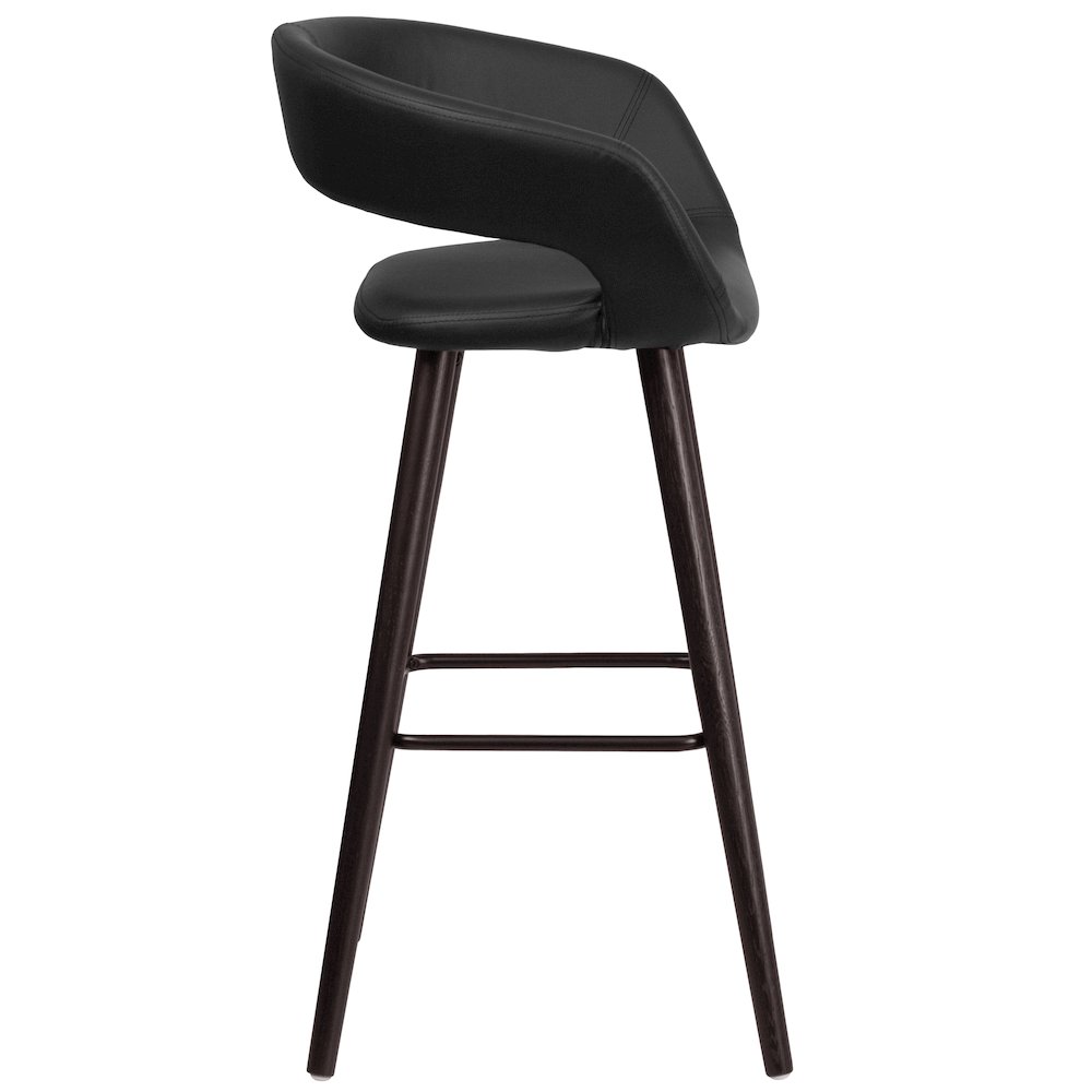 29'' High Contemporary Cappuccino Wood Barstool in Black Vinyl. Picture 9