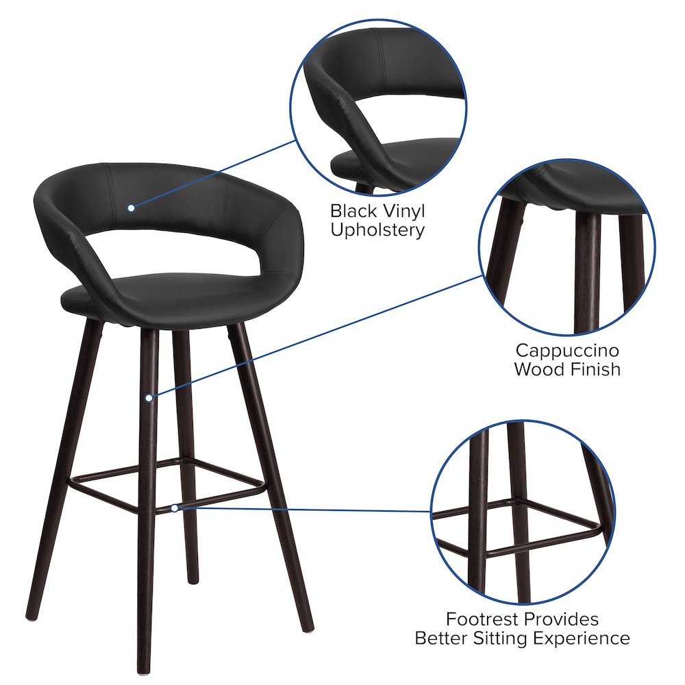 29'' High Contemporary Cappuccino Wood Barstool in Black Vinyl. Picture 5