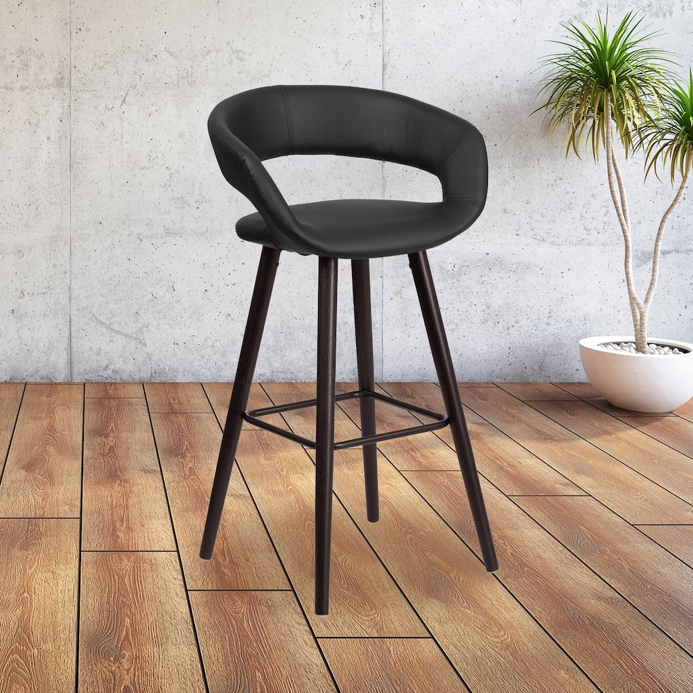 29'' High Contemporary Cappuccino Wood Barstool in Black Vinyl. Picture 2