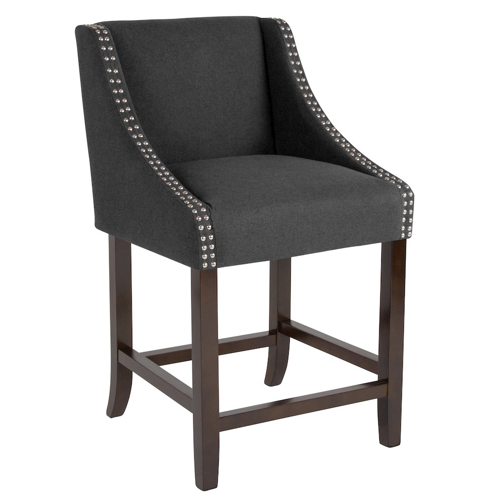 24" High Walnut Counter Height Stool with Accent Nail Trim in Charcoal Fabric. Picture 1