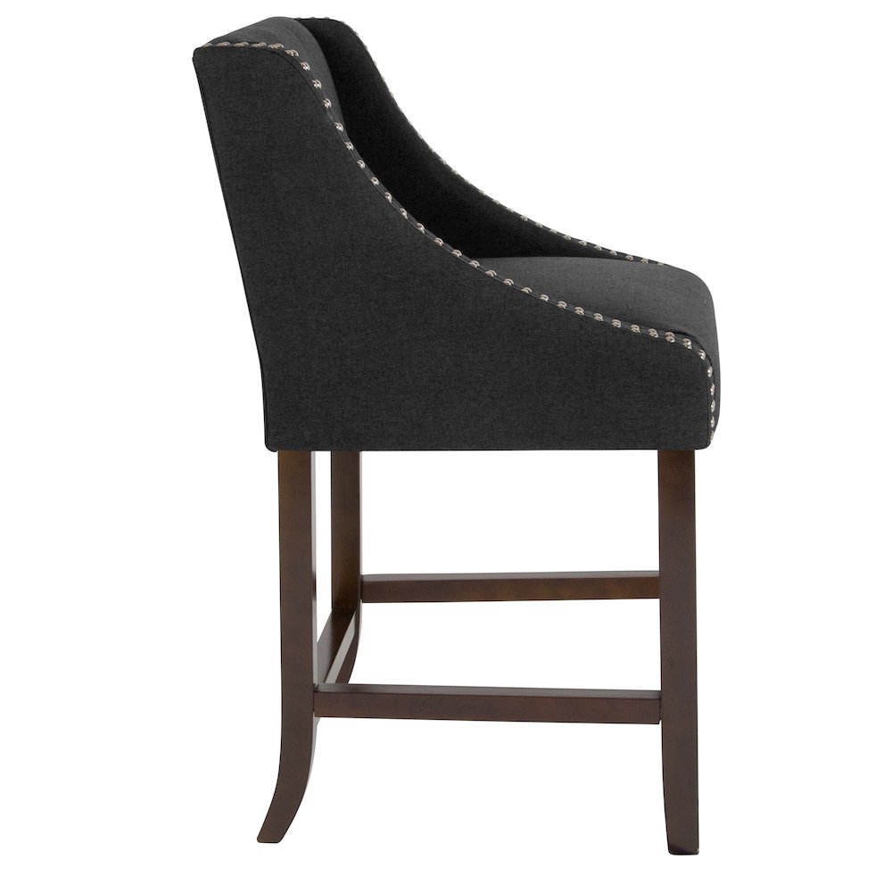 24" High Walnut Counter Height Stool with Accent Nail Trim in Charcoal Fabric. Picture 9