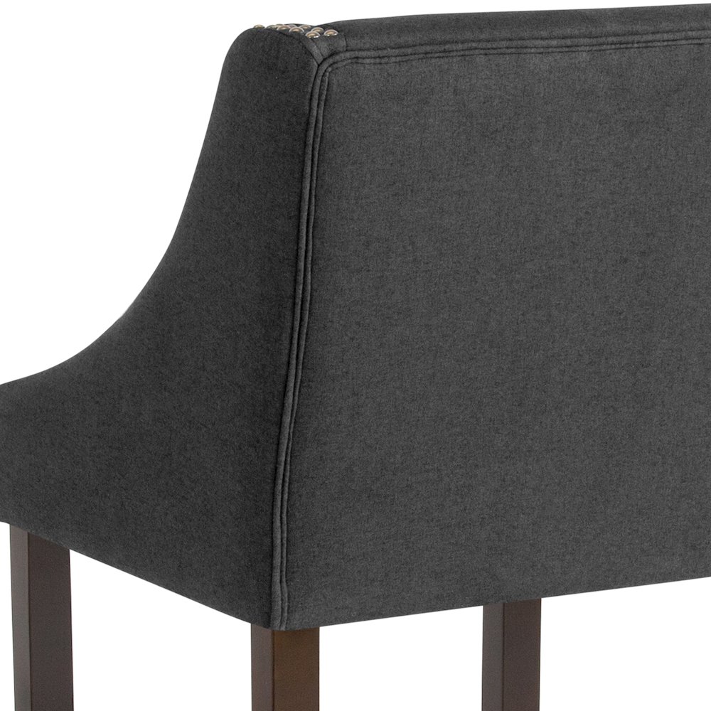 24" High Walnut Counter Height Stool with Accent Nail Trim in Charcoal Fabric. Picture 8