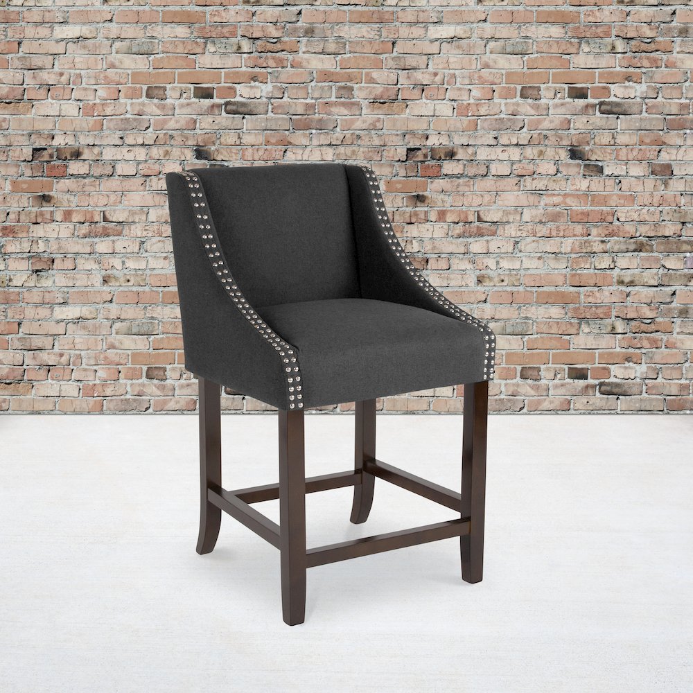 24" High Walnut Counter Height Stool with Accent Nail Trim in Charcoal Fabric. Picture 2