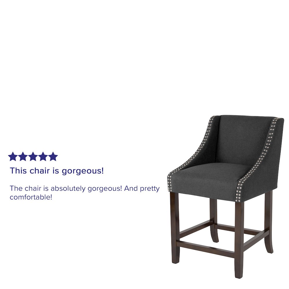 24" High Walnut Counter Height Stool with Accent Nail Trim in Charcoal Fabric. Picture 4