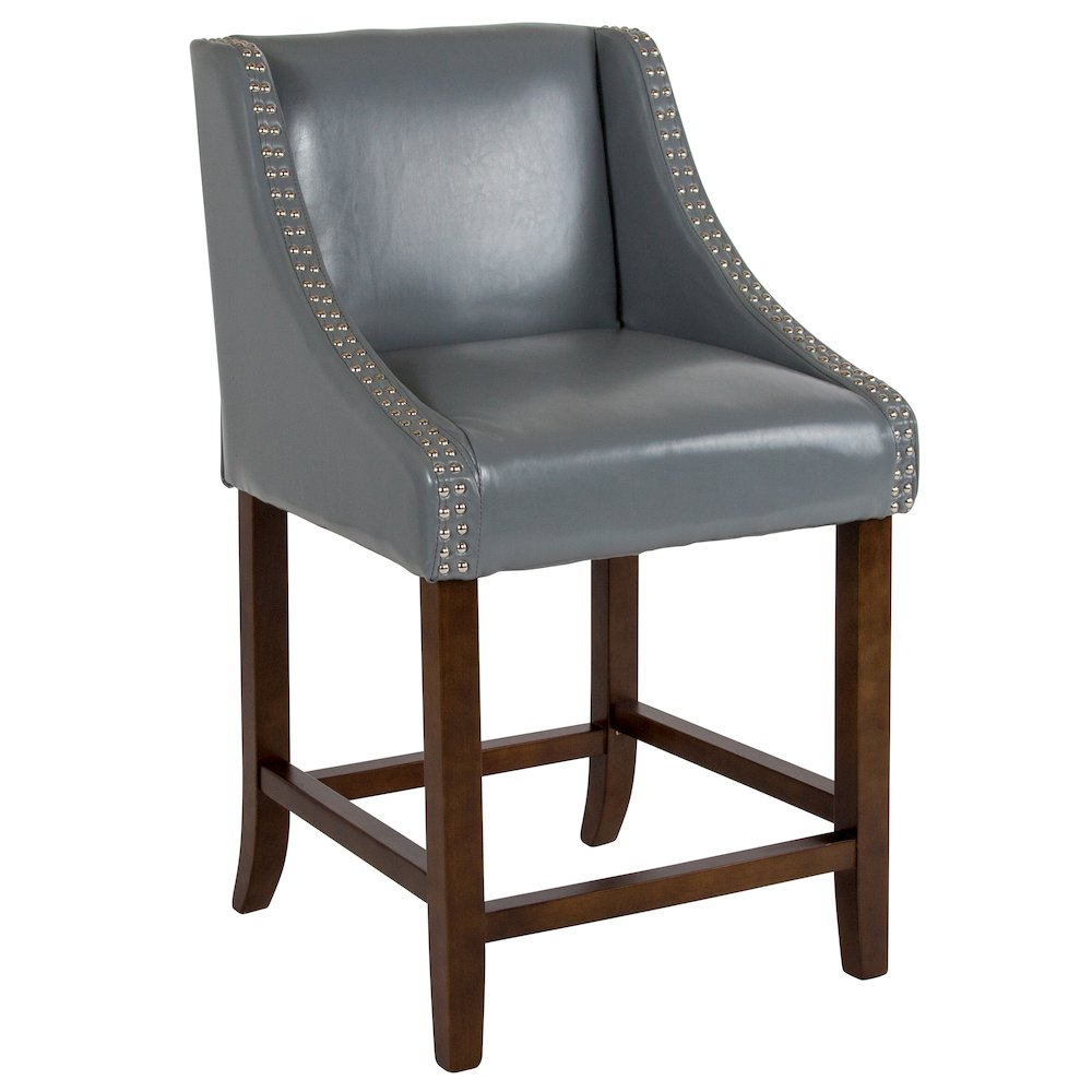 24" High Walnut Counter Height Stool with Nail Trim in Light Gray LeatherSoft. Picture 1