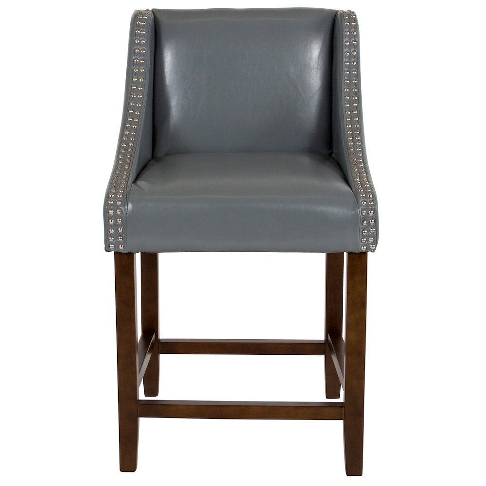 24" High Walnut Counter Height Stool with Nail Trim in Light Gray LeatherSoft. Picture 10