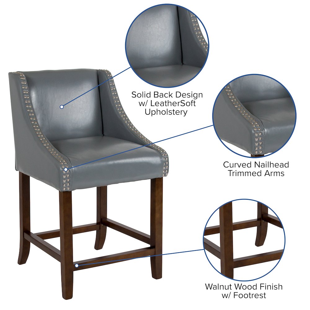 24" High Walnut Counter Height Stool with Nail Trim in Light Gray LeatherSoft. Picture 5