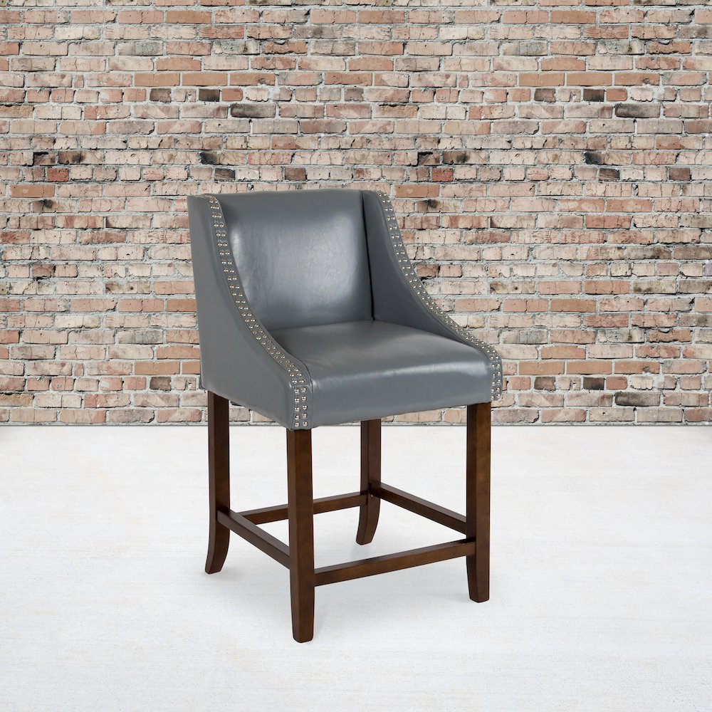 24" High Walnut Counter Height Stool with Nail Trim in Light Gray LeatherSoft. Picture 2