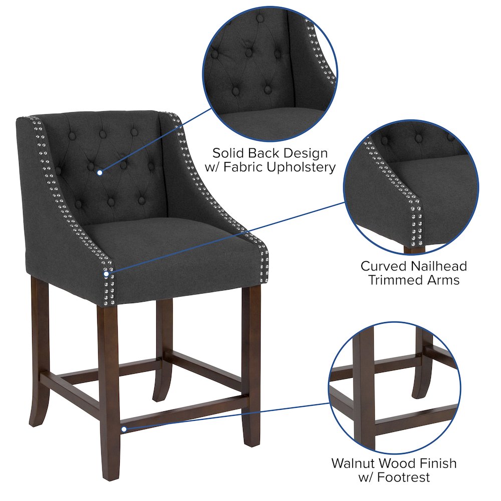 24" High Tufted Walnut Counter Height Stool in Charcoal Fabric. Picture 5