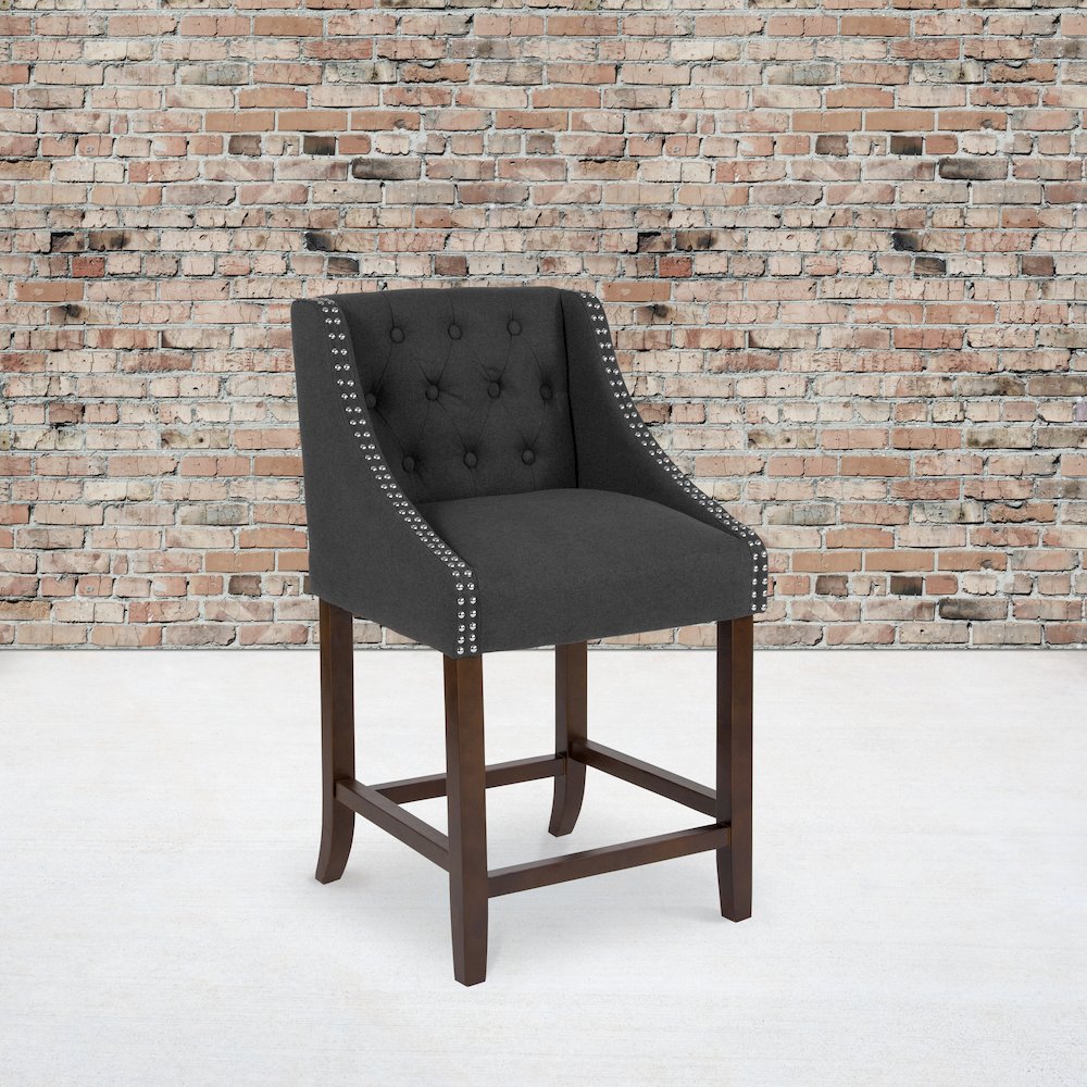 24" High Tufted Walnut Counter Height Stool in Charcoal Fabric. Picture 2