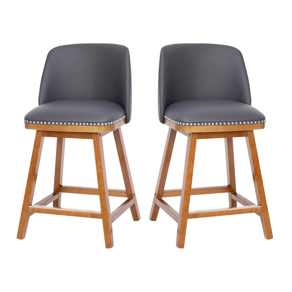 Set of 2 24 Inch Upholstered Counter Stools with Silver Nailhead Trim, Gray. Picture 3