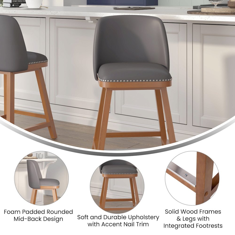 Set of 2 24 Inch Upholstered Counter Stools with Silver Nailhead Trim, Gray. Picture 5
