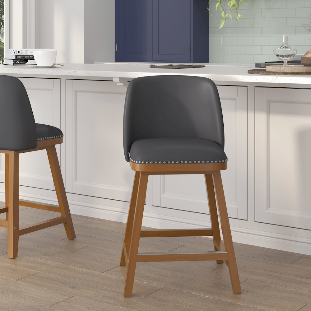 Set of 2 24 Inch Upholstered Counter Stools with Silver Nailhead Trim, Gray. Picture 2