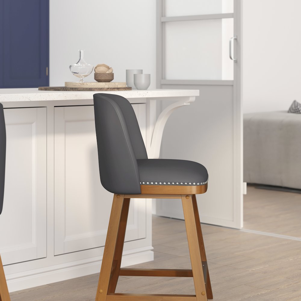Set of 2 24 Inch Upholstered Counter Stools with Silver Nailhead Trim, Gray. Picture 8