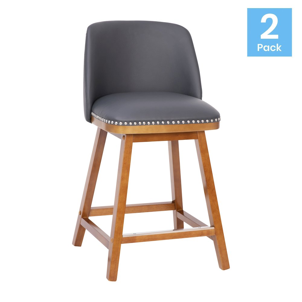 Set of 2 24 Inch Upholstered Counter Stools with Silver Nailhead Trim, Gray. Picture 1