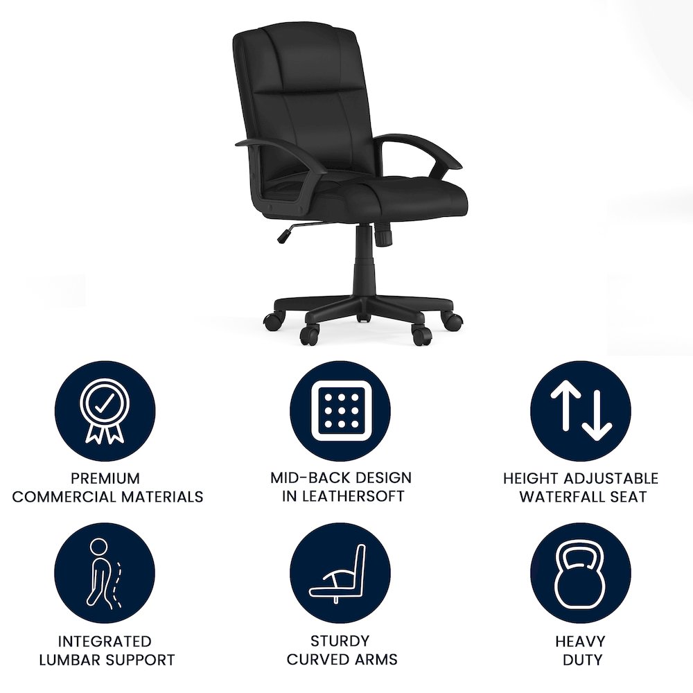 Flash Fundamentals Mid-Back Black LeatherSoft-Padded Task Office Chair with Arms. Picture 5