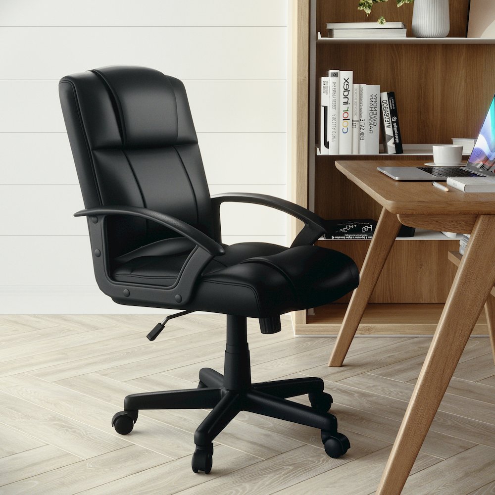 Flash Fundamentals Mid-Back Black LeatherSoft-Padded Task Office Chair with Arms. Picture 2