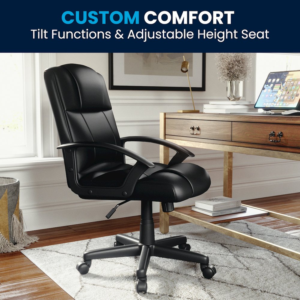Flash Fundamentals Mid-Back Black LeatherSoft-Padded Task Office Chair with Arms. Picture 10