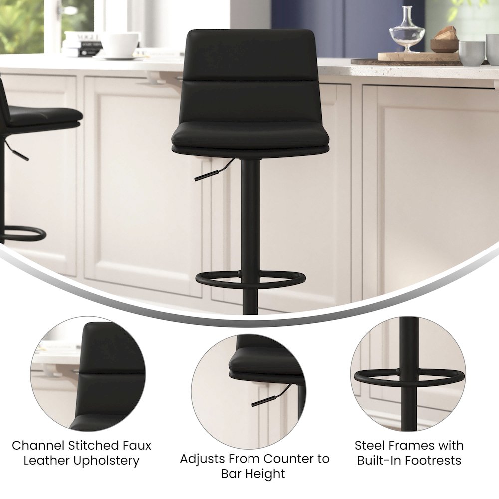 Mid-Back Adjustable Height Channel Stitched Barstools, Set of 2, Black. Picture 4