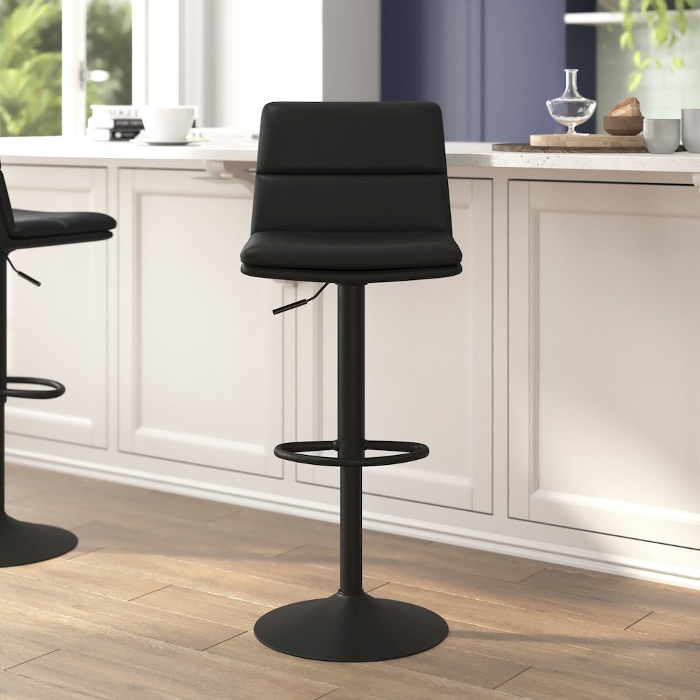 Mid-Back Adjustable Height Channel Stitched Barstools, Set of 2, Black. Picture 2