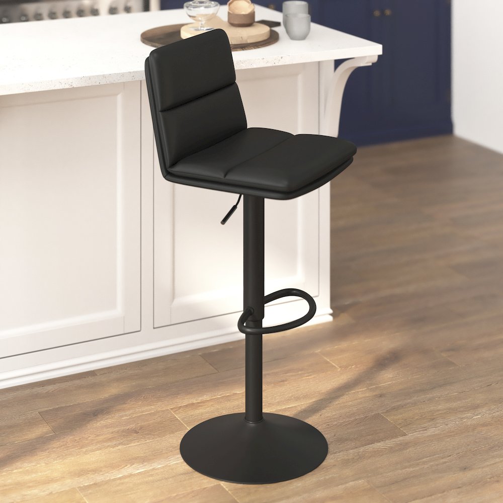 Mid-Back Adjustable Height Channel Stitched Barstools, Set of 2, Black. Picture 6