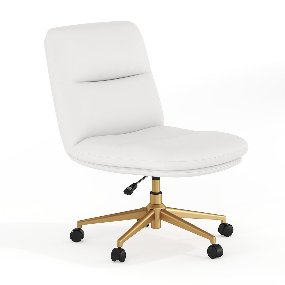 White Padded LeatherSoft Armless Task Office Chair with Wheels,  Gold Frame. Picture 1