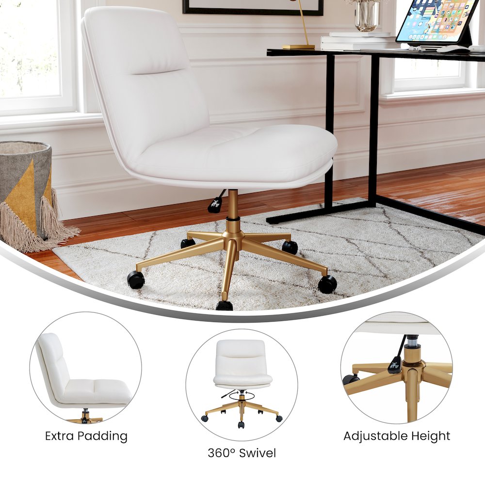 White Padded LeatherSoft Armless Task Office Chair with Wheels,  Gold Frame. Picture 7