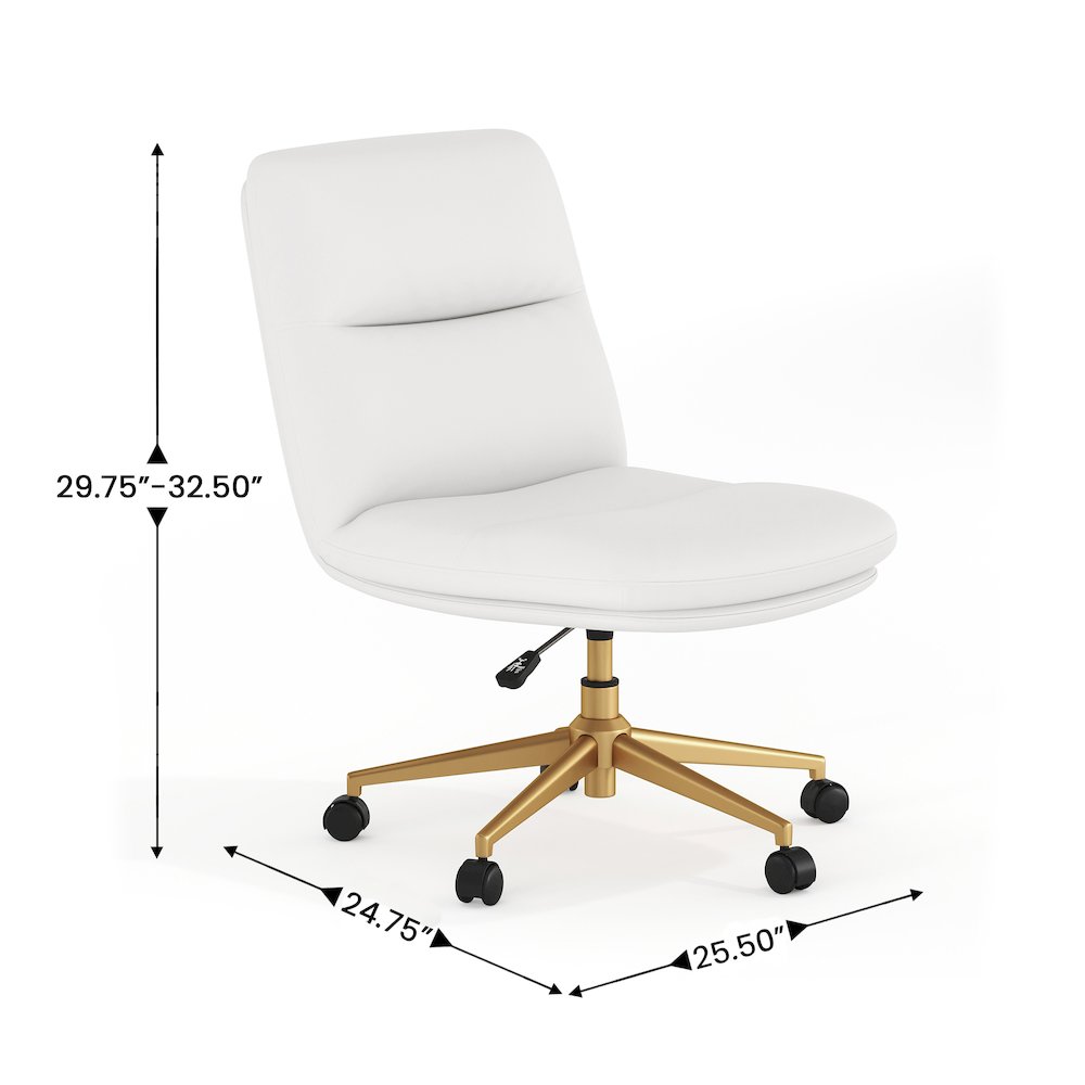 White Padded LeatherSoft Armless Task Office Chair with Wheels,  Gold Frame. Picture 8
