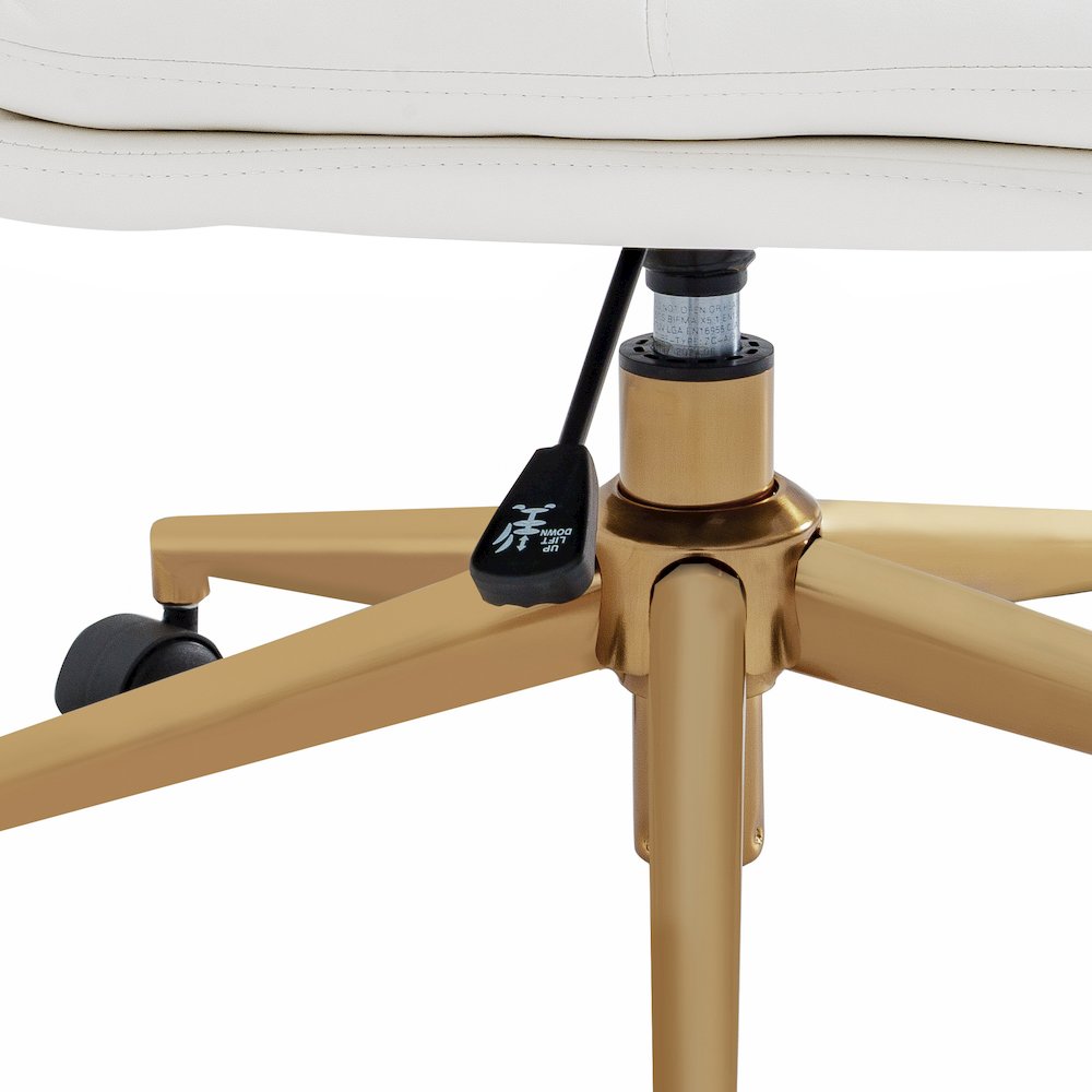 White Padded LeatherSoft Armless Task Office Chair with Wheels,  Gold Frame. Picture 11