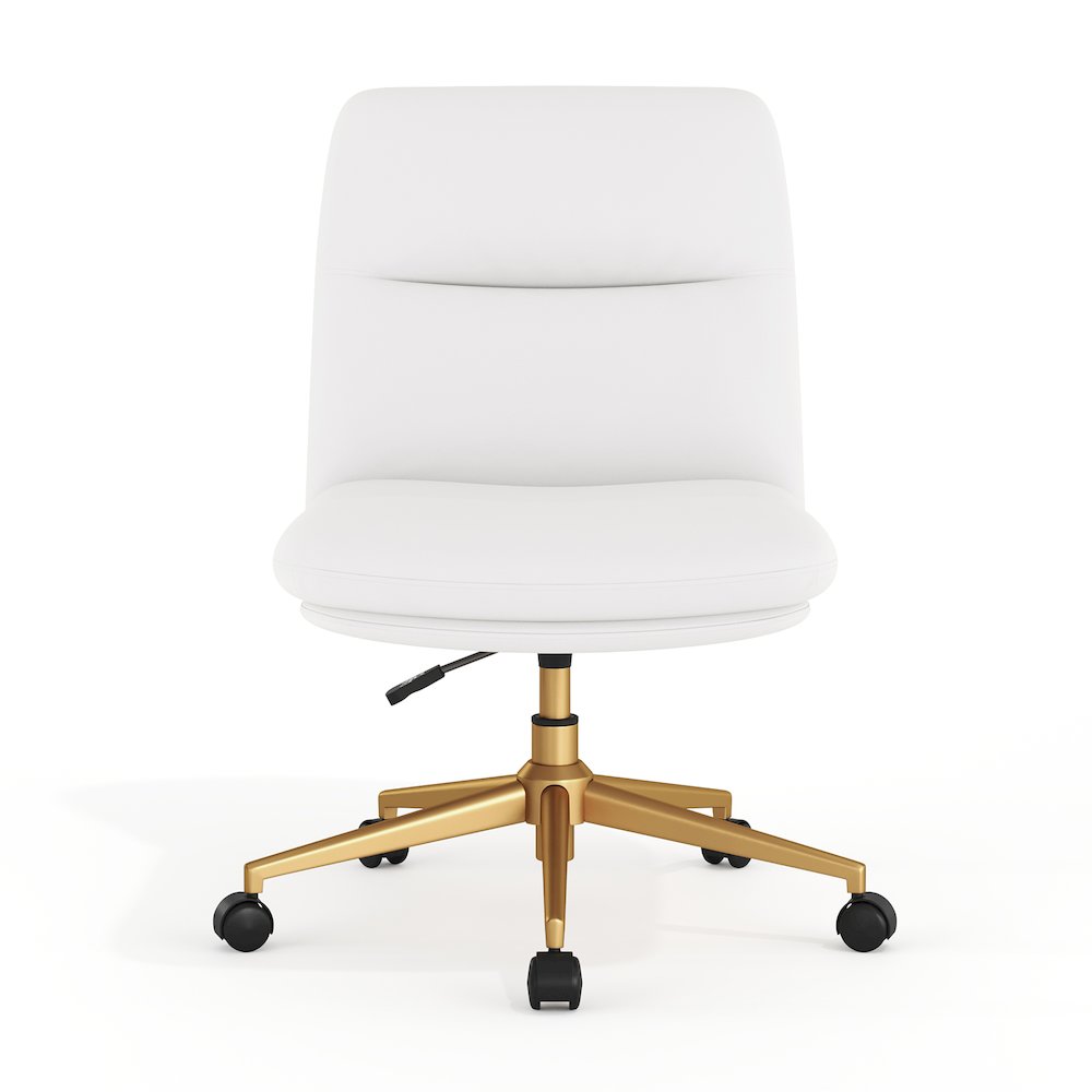 White Padded LeatherSoft Armless Task Office Chair with Wheels,  Gold Frame. Picture 2