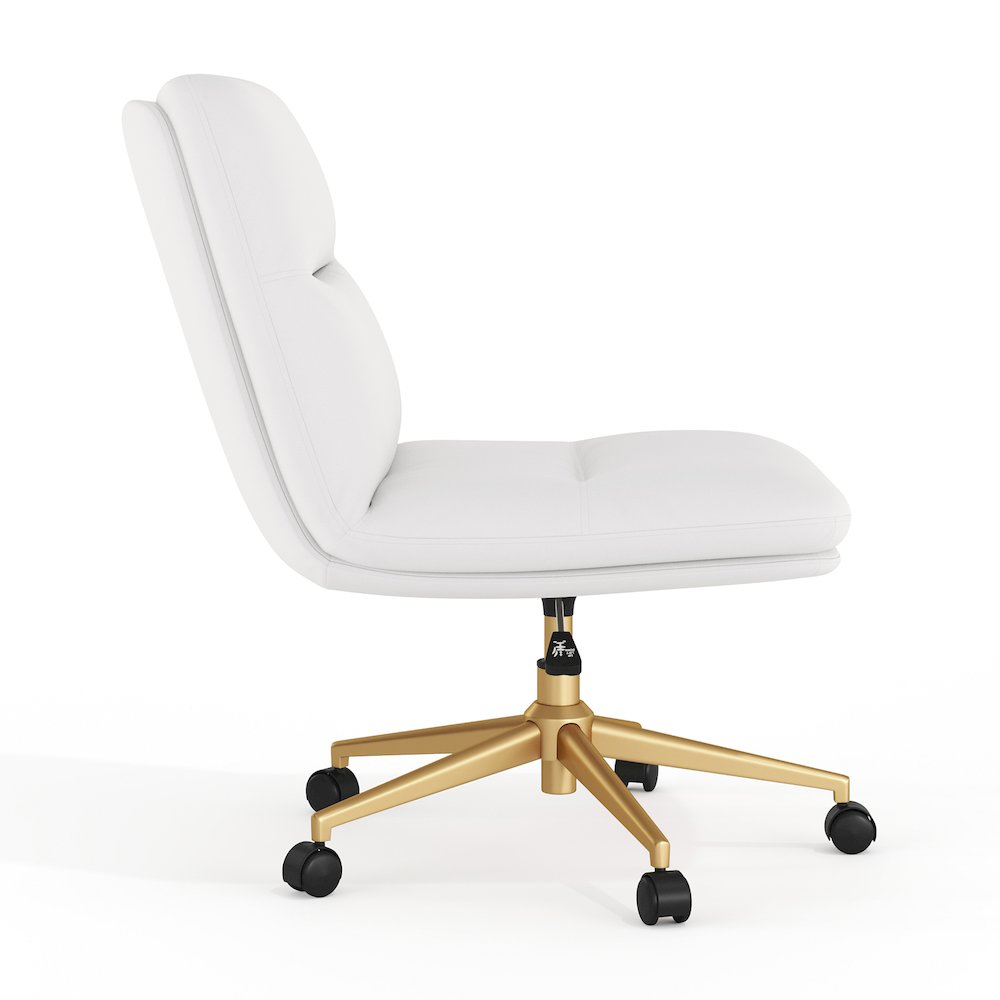 White Padded LeatherSoft Armless Task Office Chair with Wheels,  Gold Frame. Picture 3