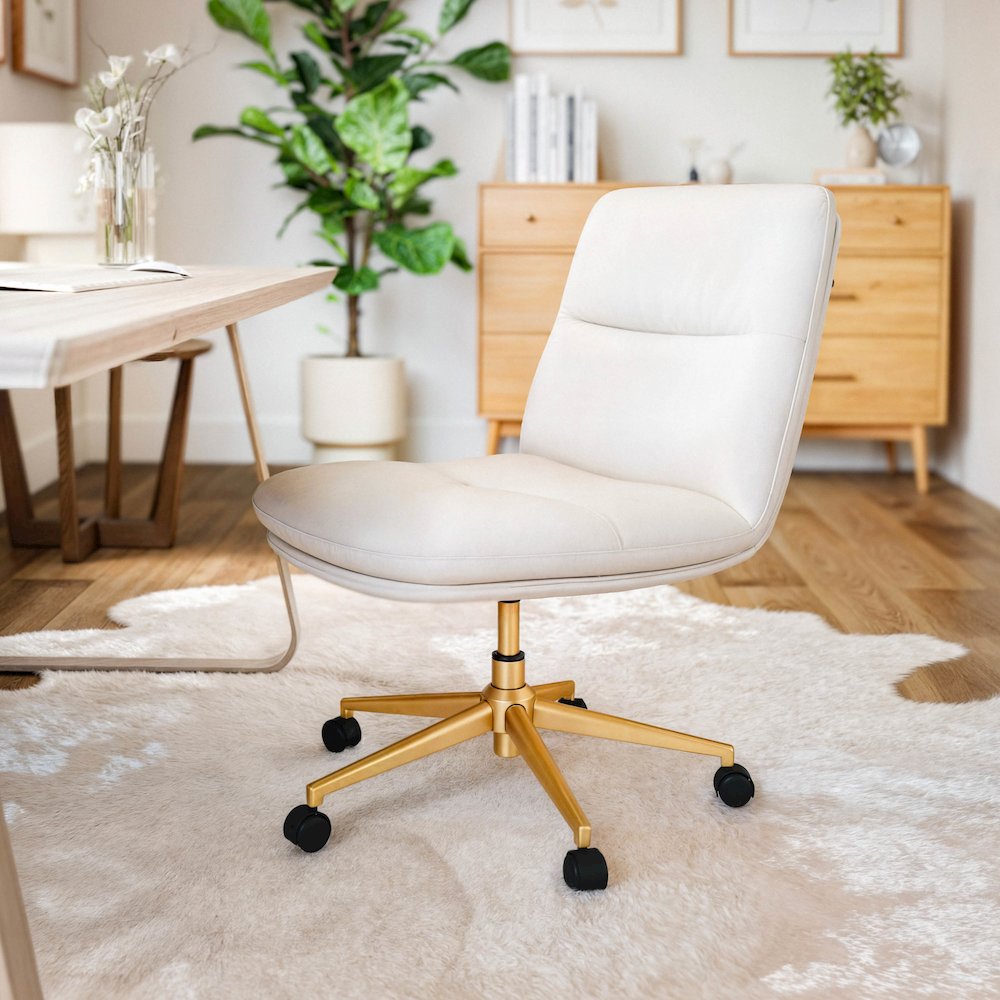 White Padded LeatherSoft Armless Task Office Chair with Wheels,  Gold Frame. Picture 5