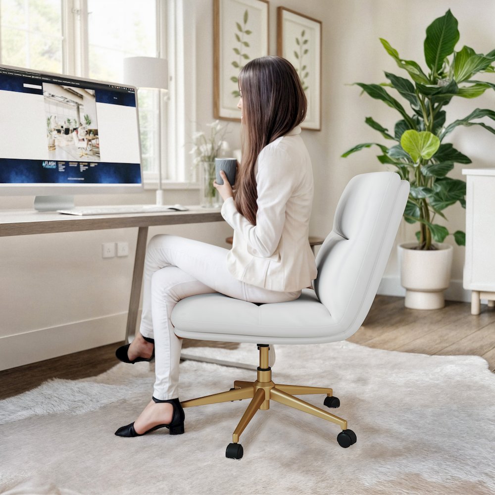 White Padded LeatherSoft Armless Task Office Chair with Wheels,  Gold Frame. Picture 4