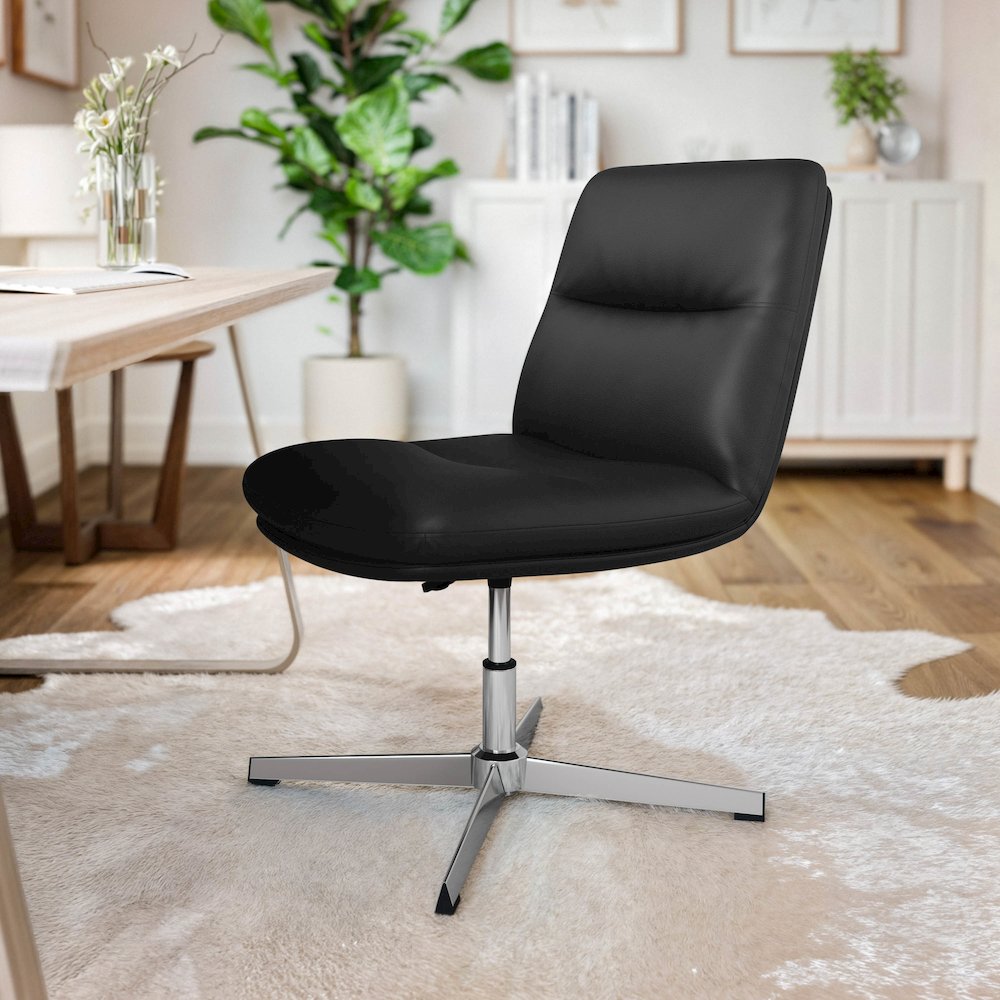 Black Padded LeatherSoft Armless Stationary Task Office Chair, Chrome Frame. Picture 5