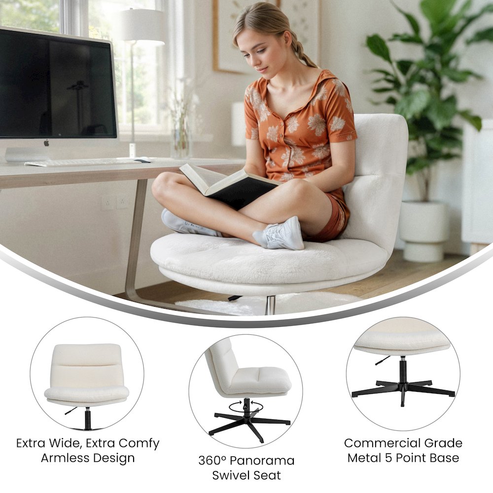 Cream Padded Faux Shearling Armless Stationary Task Office Chair, Black Frame. Picture 8