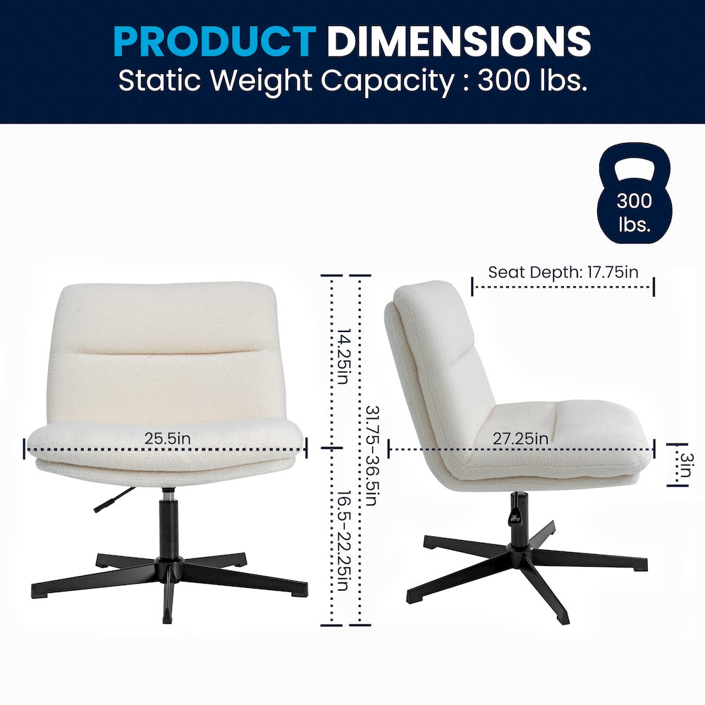 Cream Padded Faux Shearling Armless Stationary Task Office Chair, Black Frame. Picture 9