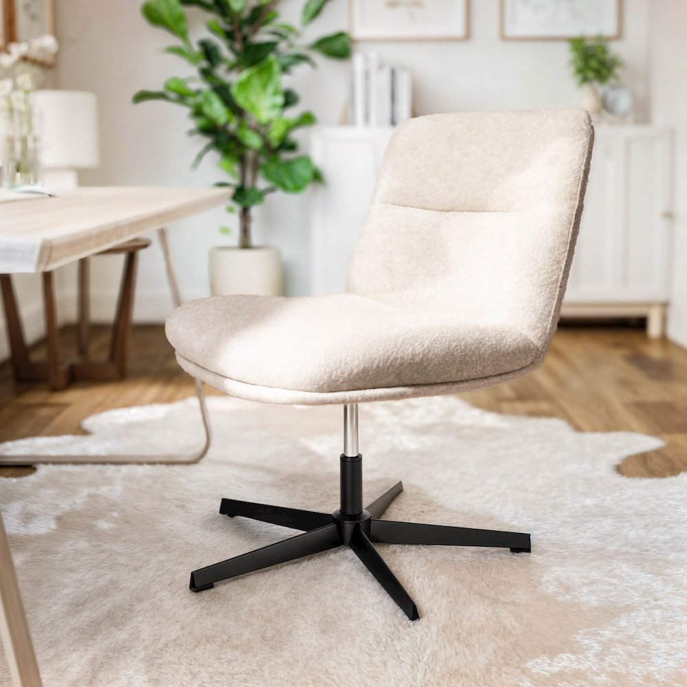 Cream Padded Faux Shearling Armless Stationary Task Office Chair, Black Frame. Picture 6