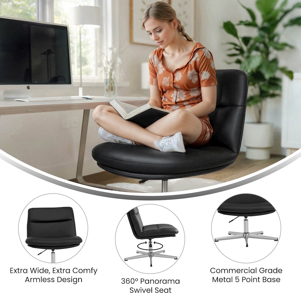 Black Padded LeatherSoft Armless Stationary Task Office Chair, Chrome Frame. Picture 8