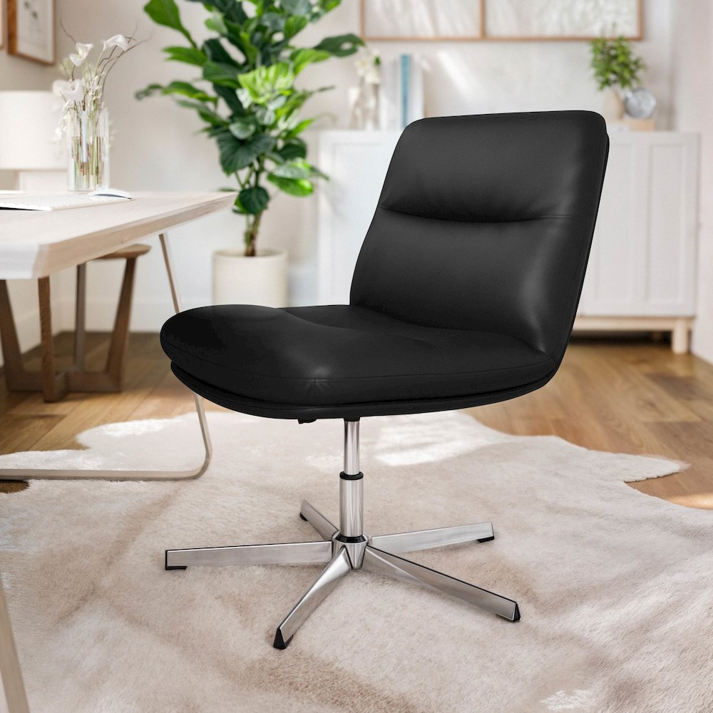 Black Padded LeatherSoft Armless Stationary Task Office Chair, Chrome Frame. Picture 6