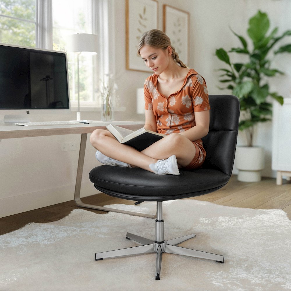 Black Padded LeatherSoft Armless Stationary Task Office Chair, Chrome Frame. Picture 5