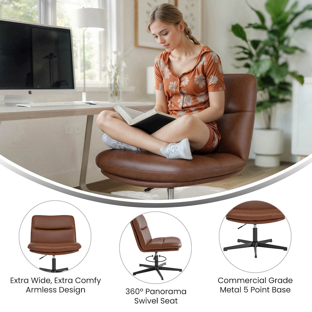Cognac Padded LeatherSoft Armless Stationary Task Office Chair, Black Frame. Picture 8