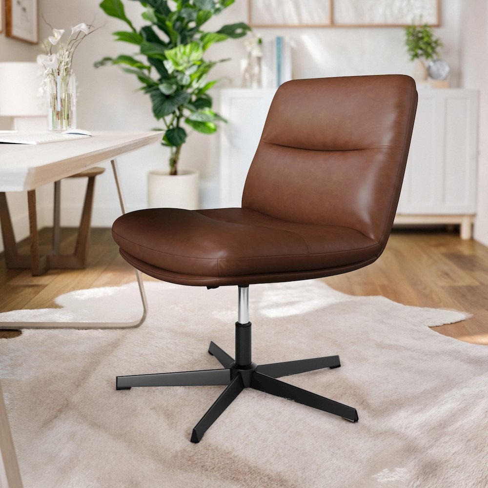 Cognac Padded LeatherSoft Armless Stationary Task Office Chair, Black Frame. Picture 6