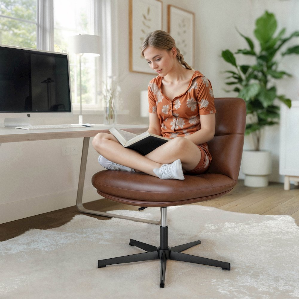 Cognac Padded LeatherSoft Armless Stationary Task Office Chair, Black Frame. Picture 5
