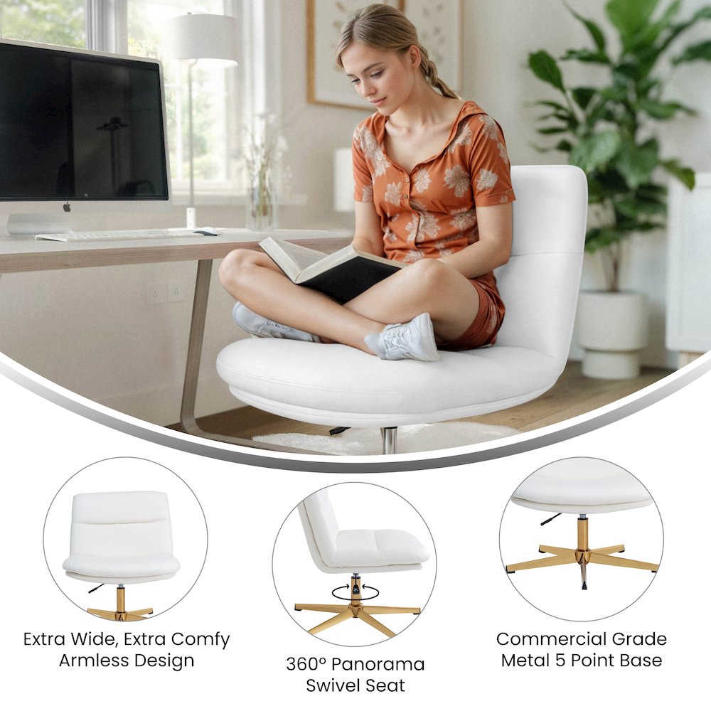 White Padded LeatherSoft Armless Stationary Task Office Chair, Gold Frame. Picture 8