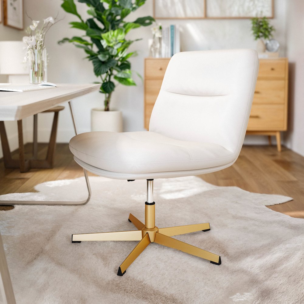 White Padded LeatherSoft Armless Stationary Task Office Chair, Gold Frame. Picture 6