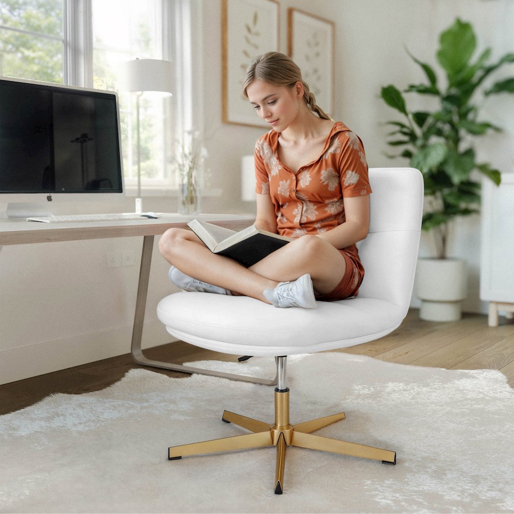 White Padded LeatherSoft Armless Stationary Task Office Chair, Gold Frame. Picture 5